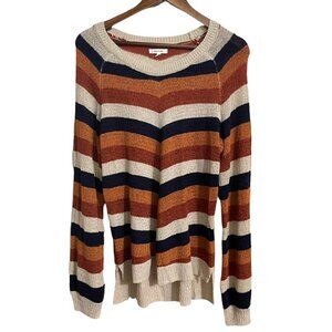 Maurices Womens Cream Orange Blue Striped Balloon Sleeve Fall Sweater Large
